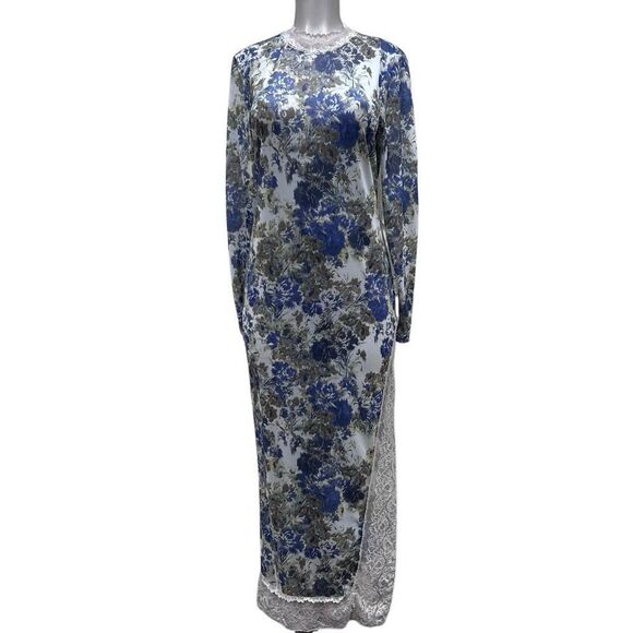 Intimately Free People Nightgown Large Blue Floral Lace Side Slit Long Sleeve - Picture 15 of 15